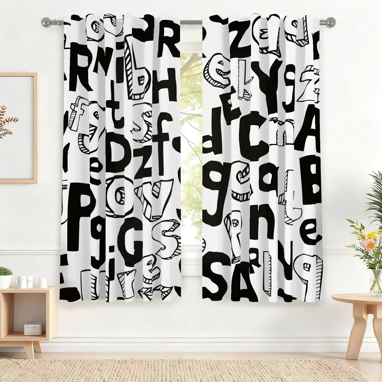 

ABC Kids Curtains for Bedroom English Letter Breathable Linen Window Treatment Black on White Simple Style Rod Pocket Curtains