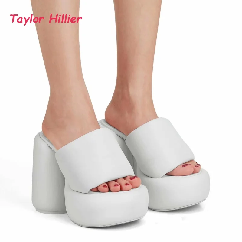Metallic Leather Padded Platform Mules Women Chic Open Toe Chunky Block Heel Ladies Classy Summer Party Casual Slides Sandals