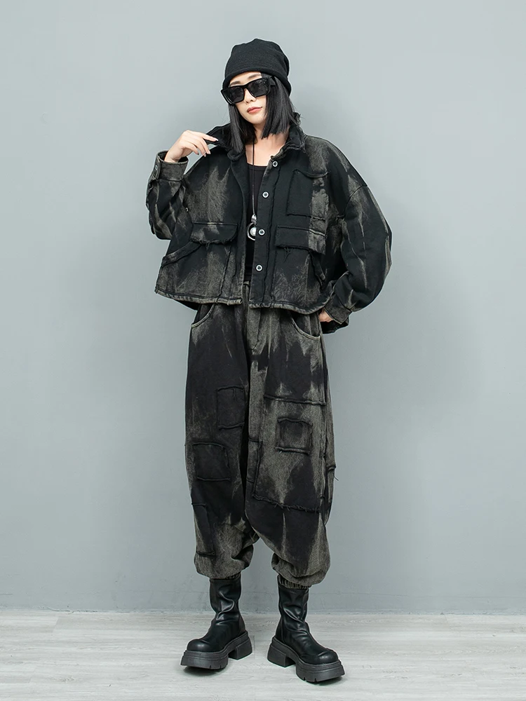 Vintage Tie Dye Cotton Hoodie Cardigan Long Sleeved Jacket + Hanging Crotch Pants Two-piece Set Women 2024 Autumn LX2398