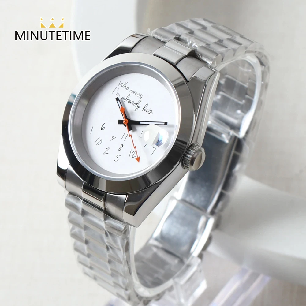 

MINUTETIME NH35 Watch Who cares, I'm already late Silver Sapphire Crystal NH35 Automatic Movement 39mm President Strap Watch