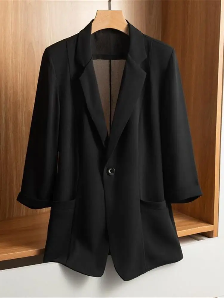 

Women's Casual Faionable White Chiffon ort Suit Jaet Summer Korean Sle Seven Sve Length Sunscreen Top