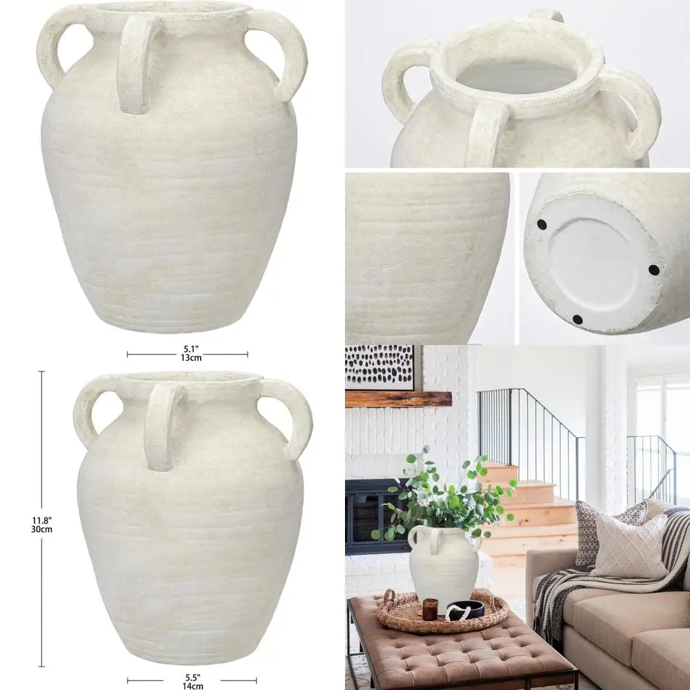 

Vintage 12 White Ceramic Flower Vase with 3 Handles, Matte Finish, Suitable for Home, Office, and Café Décor
