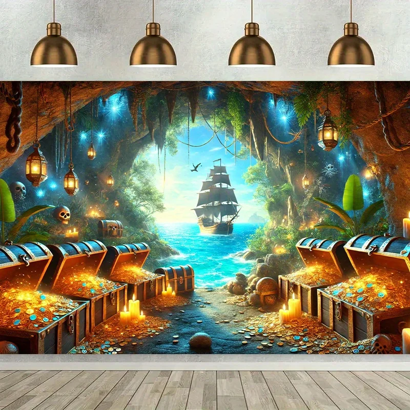 Pirate Cave Tapestry, Treasure Chests Wall Hanging, Adventure Ship Art Decor, Fantasy Gold Room Blanket for Kids Teens
