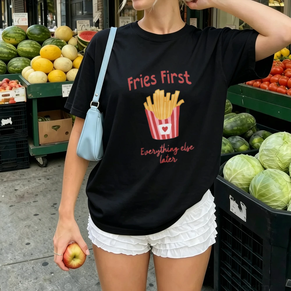 Fries First Everything Else Later Handwritten Letter French Fries Box Print Women Cotton  Fast Food Lover Cute Casual Basic Tops
