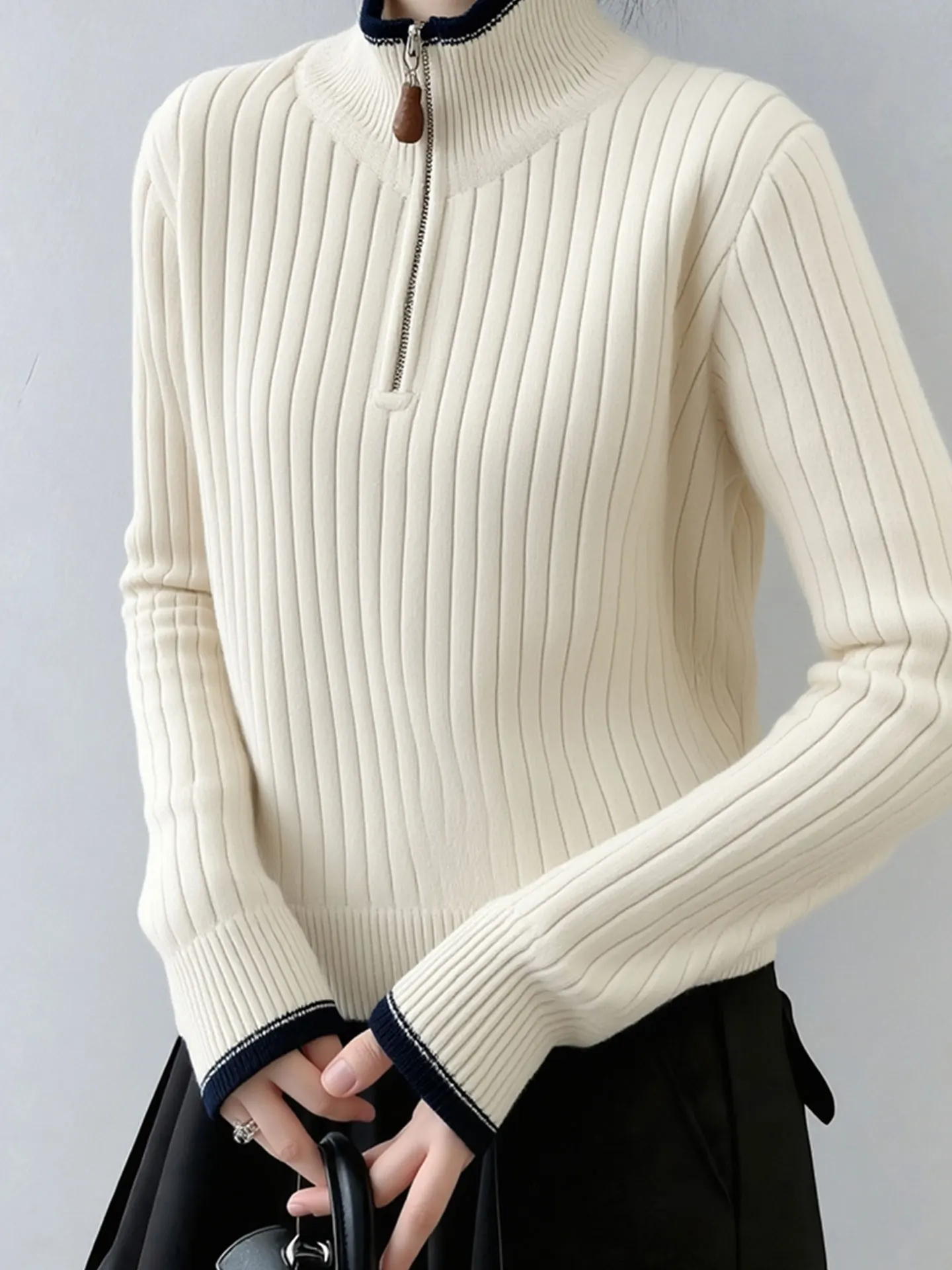 패셔너블한 긴 소매 캐시미어 니트 스웨터 컬러 블록 디자인 겨울 2025 여성용 탑 지퍼 디테일 한국 스타일 따뜻함