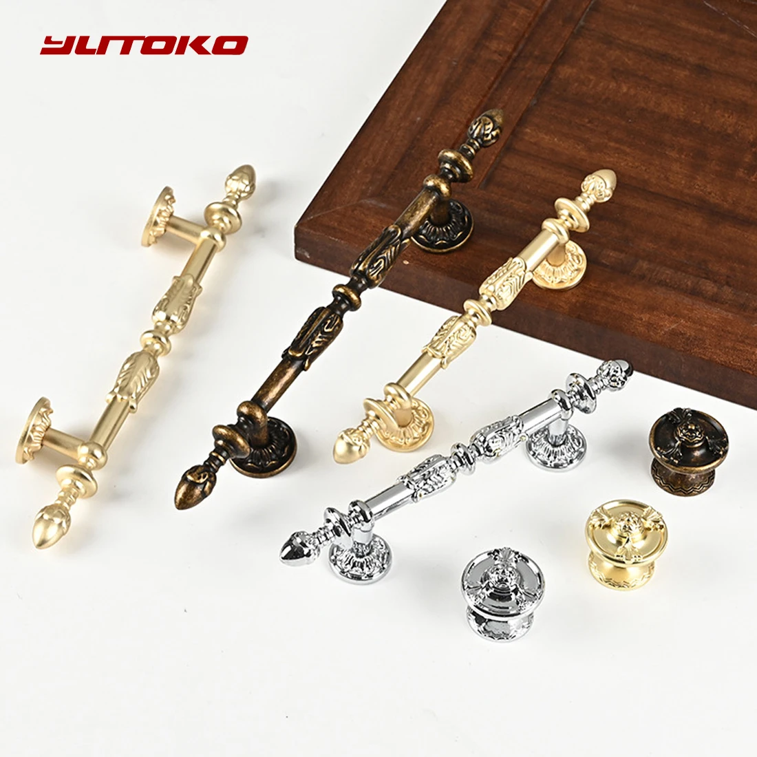 YUTOKO European Retro Light Luxury Drawer Gold Long Pull Style Kitchen Cabinet Silver Pull Knob Drawer Antique Handle