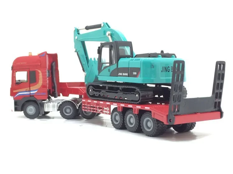 [Funny] 1:50 Flatbed Trailer Trucks Toy Alloy Trailer Roller Excavator Loader Truck Model Car Toys For Boys Digger Forklift gift