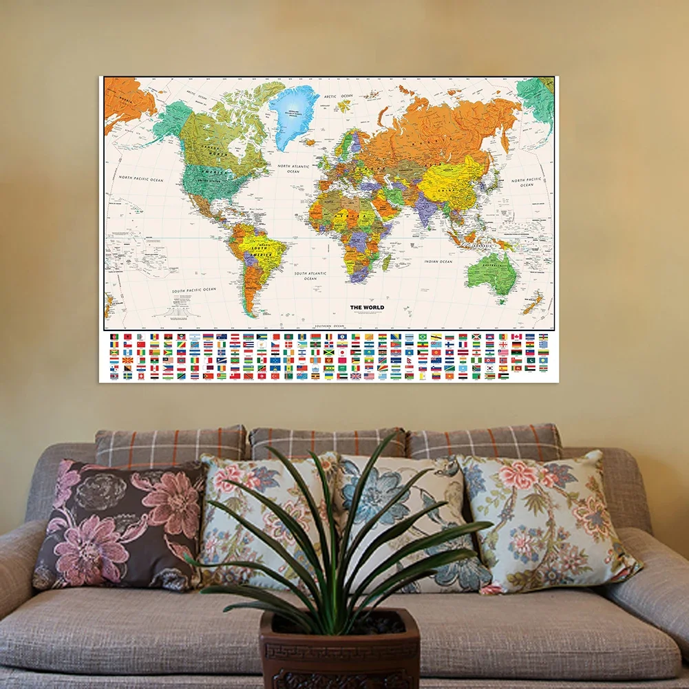 The World Map with Flag for Education Non-woven Spray Decorative Hanging Picture Painting Home School Supplies 150x100cm