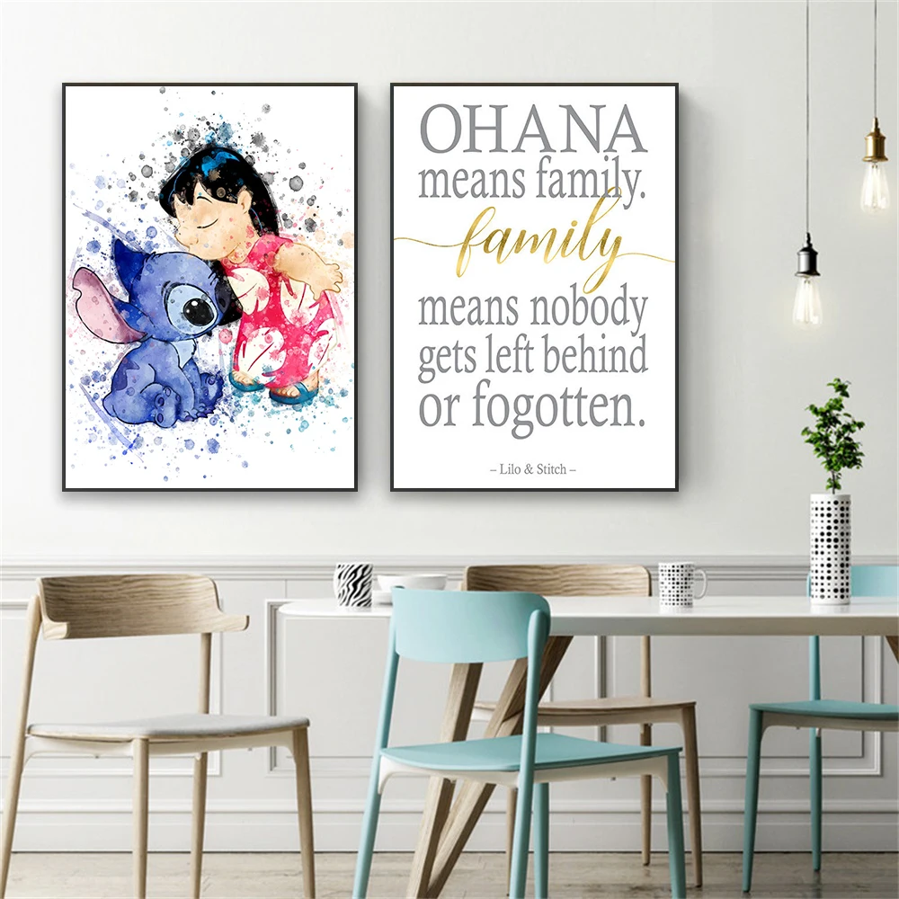 Lilo And Stitch Prints Ohana Quote Poster Disney Wall Art Stitch Watercolor Canvas Painting Nursery Decor Baby Shower Kids Gift