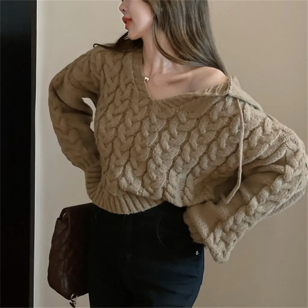 

Women's Lazy Style Thickened Knitwear Hooded Korean Style Loose Sweater Autumn Winter Top Coat