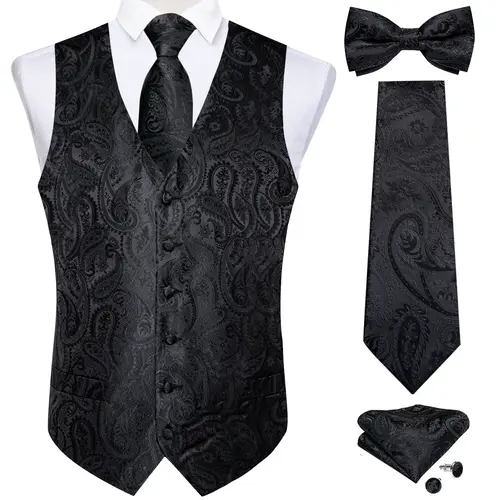 Men Black Paisley Vest Necktie Bowtie Pocket Square Cufflinks Dress Set жилетка мужская Classic 5 PCS Business Waistcoat for Man - Image 7