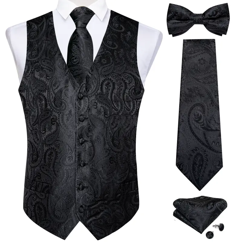 Men Black Paisley Vest Necktie Bowtie Pocket Square Cufflinks Dress Set жилетка мужская Classic 5 PCS Business Waistcoat for Man - Image 7