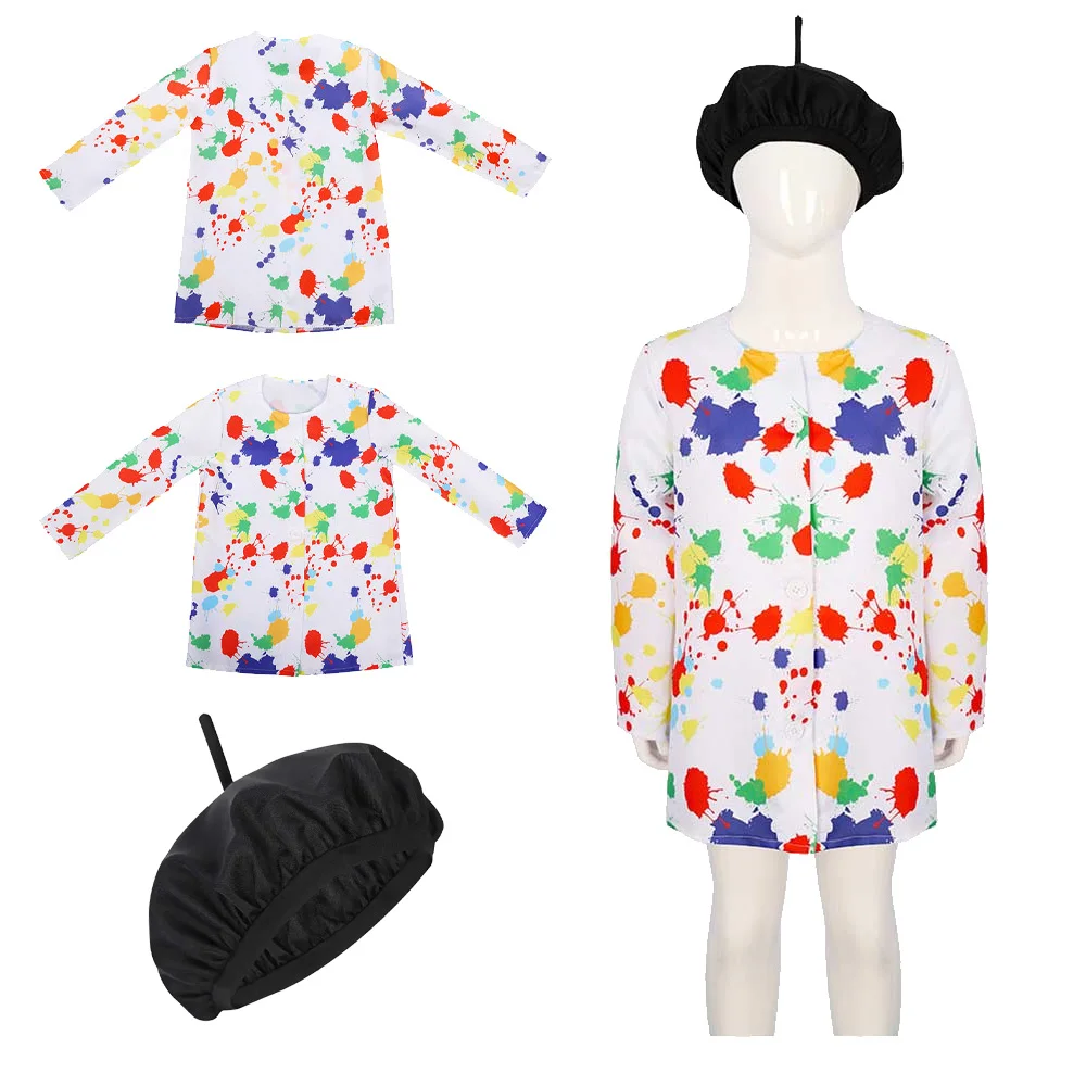 Painter Cosplay Costume Boy Girls Shirt Coat Hat Dress Set Disguise Kids Children Outfits Halloween Carnival Party Fantasia Suit