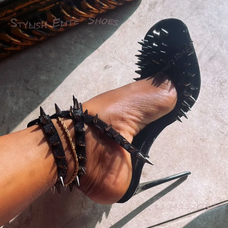 

Round Toe Full Rivet Stiletto Strap Heel Black Women Rivet Ankle Wrap with Gold Stone Trim Cover Sandals Fringe Cool Girls Shoes