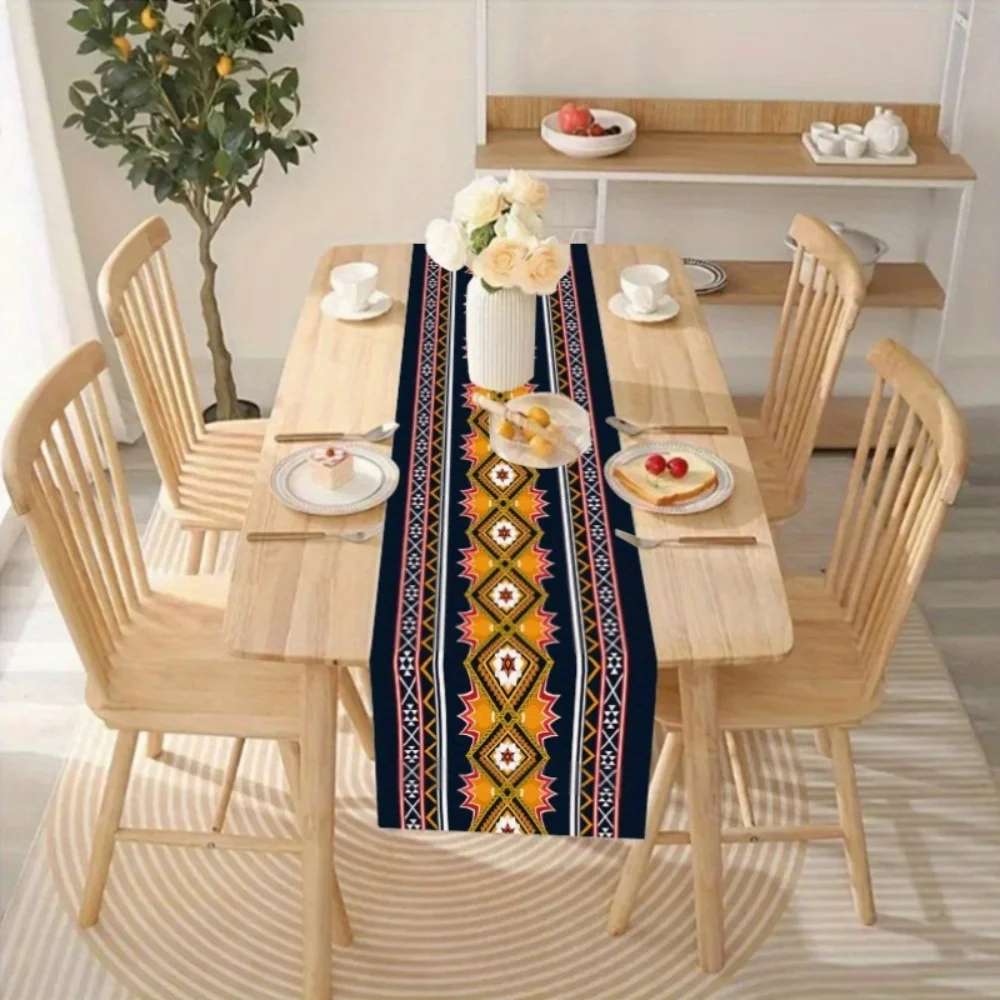 

1pc Bohemian Table Runner - Deep Blue & Orange Geometric Pattern, Perfect for Holiday Parties,Festive Table Setting