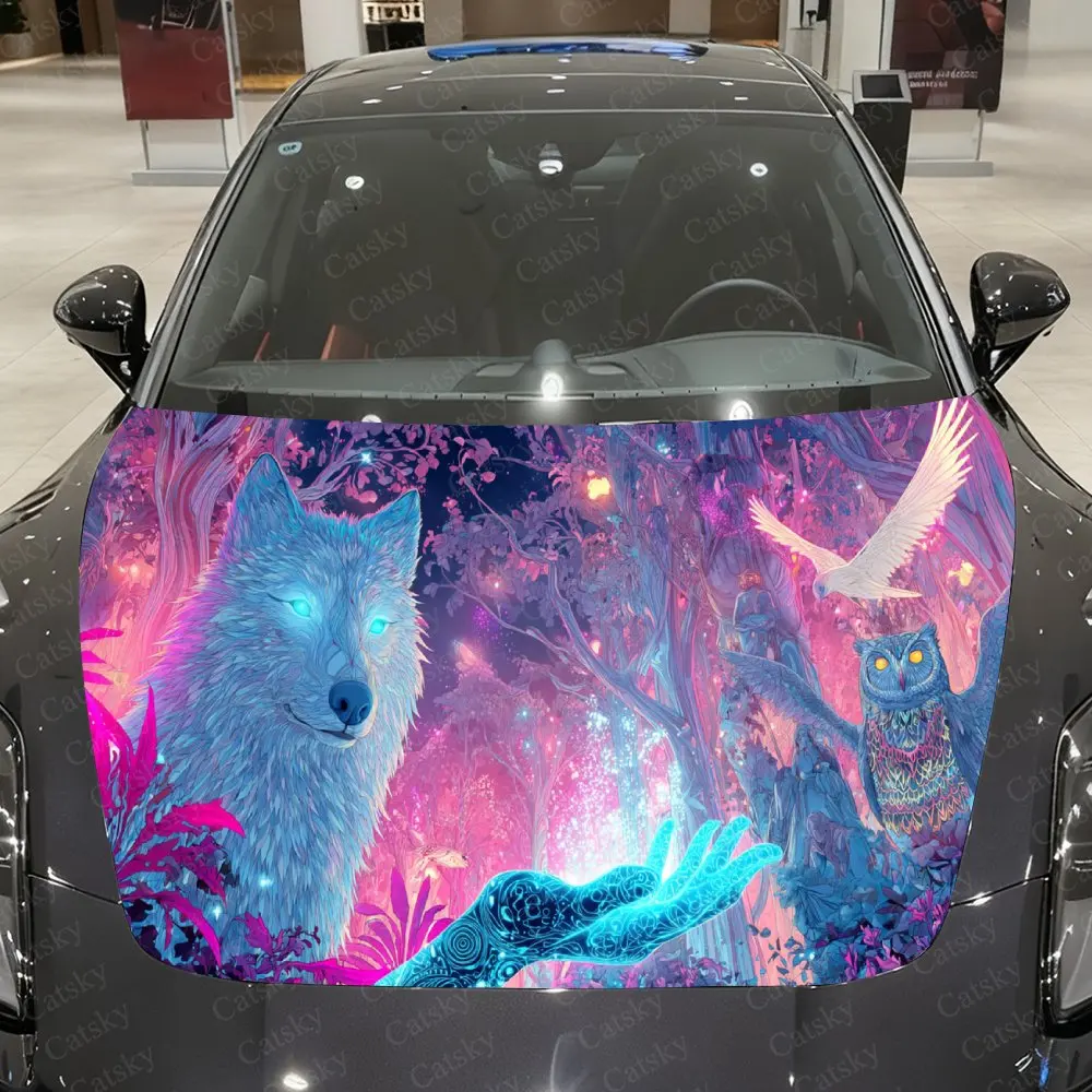 Blue Wolf Accompanies Owl & Bird Car Vinyl Wrap, PVC Waterproof Car Hood Sticker, Self-Adhesive Scratch-Resistant Stickers