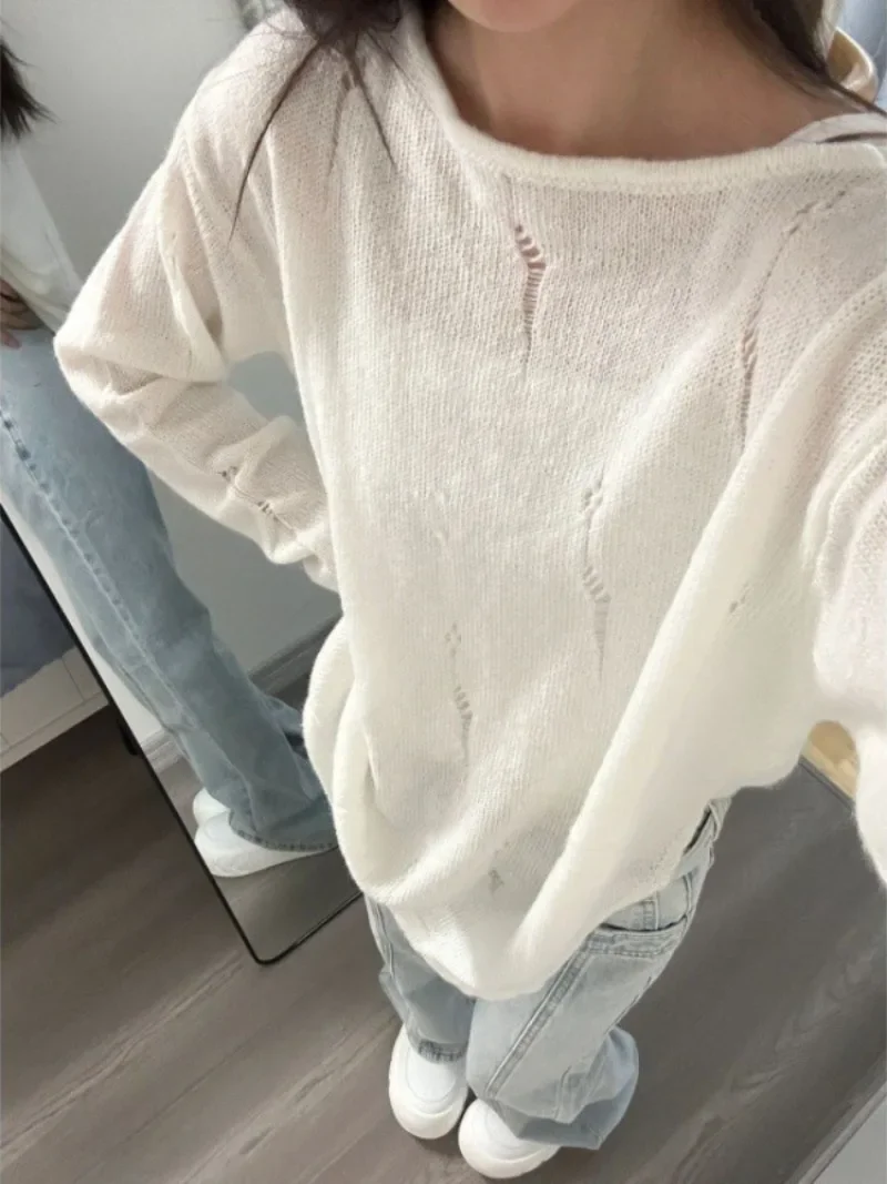 Pullovers Women Solid Hole Design Chic Sun-proof All-match Knitwear Daily Side-slit Leisure Spring Lazy Style Cozy Ins Young