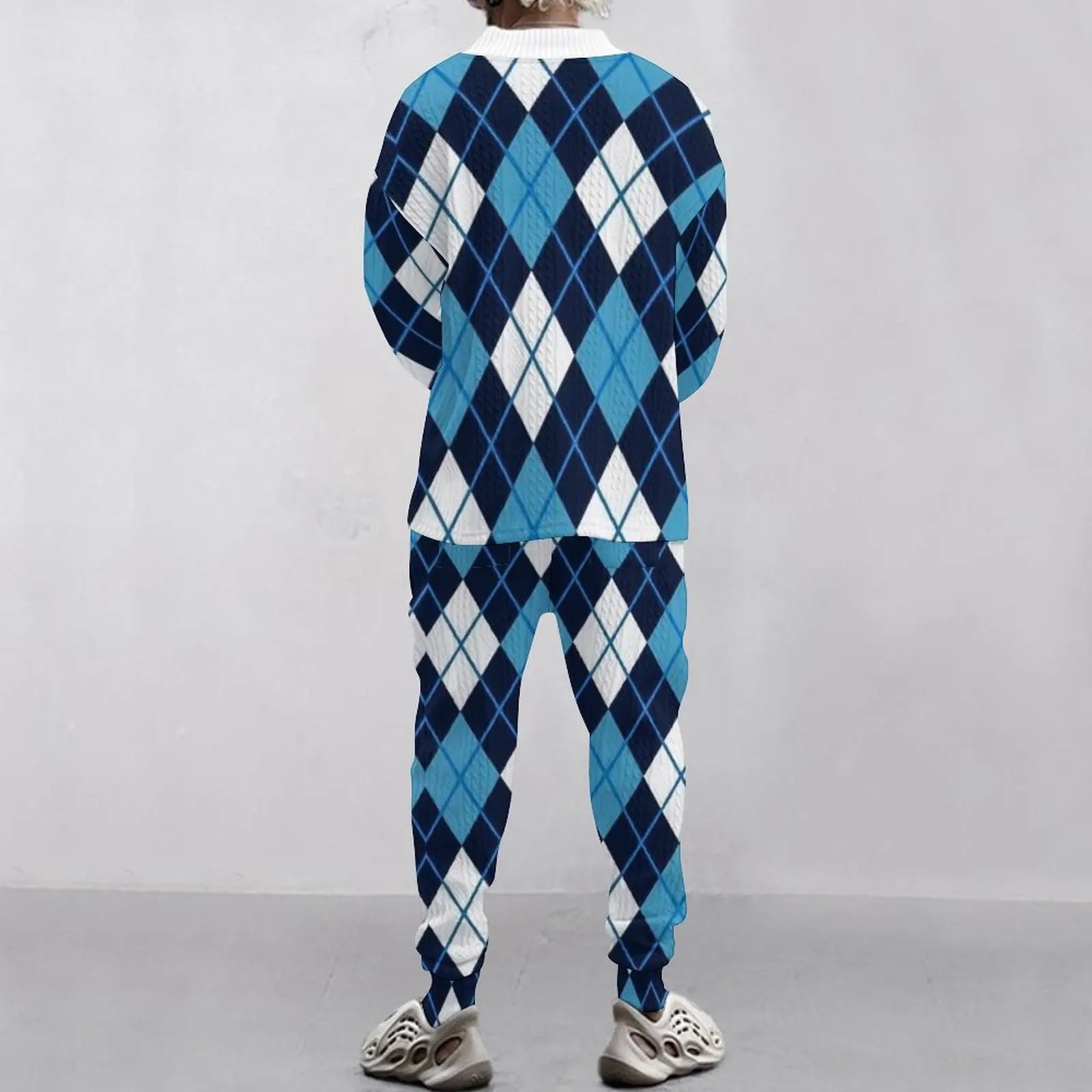 American technology print conventional jacquard loose joint blue check men's V-neck casual long sleeve pants suit