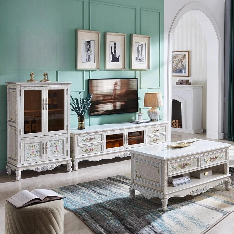 American French marble surface all solid wood painted TV cabinet coffee table wine cabinet living room matching all birch