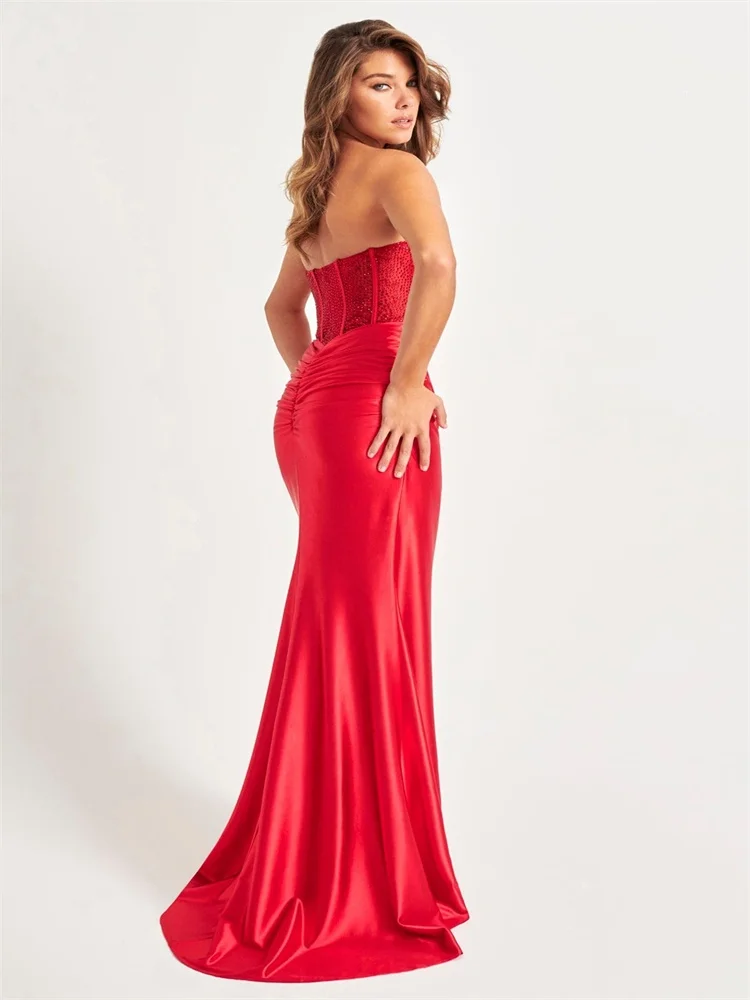 New Arrival Sweetheart Neckline Sleeveless Sheath Satin Prom Dress Sexy Back Zipper Floor Length High Slit Gown For Women 2024