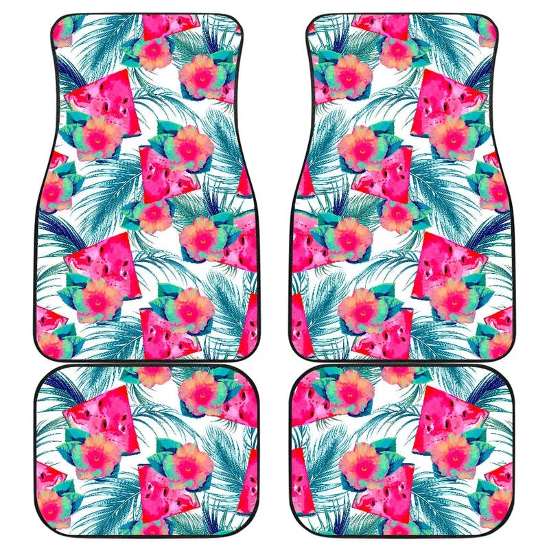 Watermelon Teal Hawaiian Pattern Print Front and Back Car Floor Mats Heavy Carpet Front and Rear Full Set 4PCs Pack