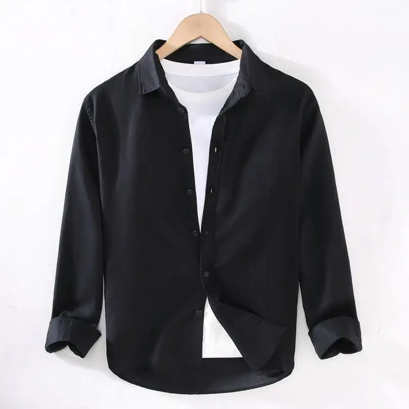 Linear Long-sleeved Men's Japanese Casual Loose Cotton Linen Shirt Spring and Summer Outfit Inch Shirt