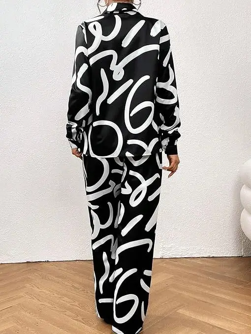 Set da due pezzi con stampa pendolare alla moda Set da donna con risvolto ampio monopetto camicia a maniche lunghe elastico in vita pantaloni dritti