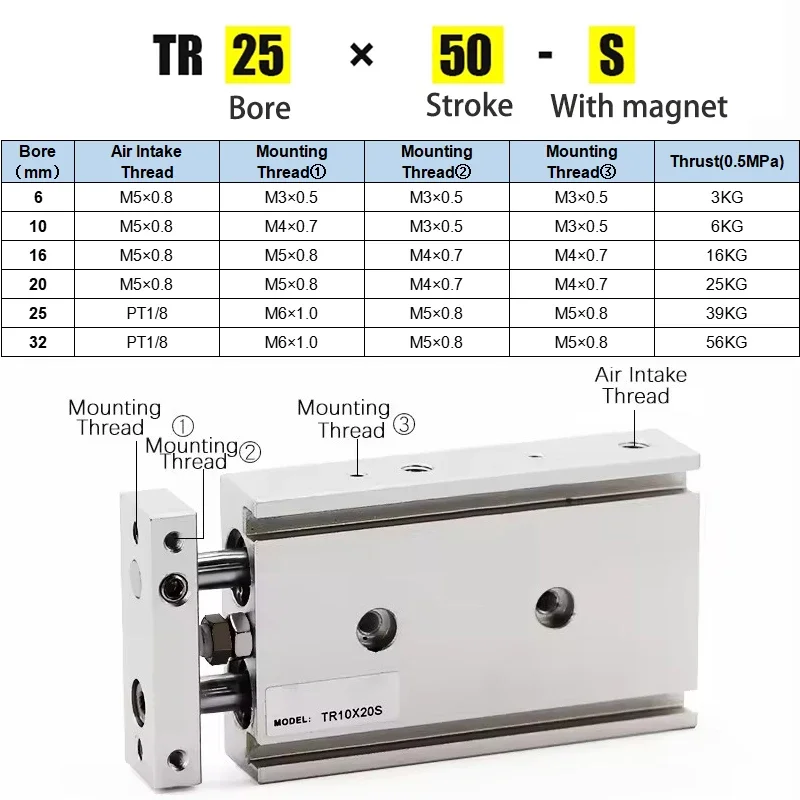 HLH Dual Axis TR Air Pneumatic Cylinder TR 6/10/16/20/25/32*10/20/30/40/50/60/70/80/90/100 Dual Piston Rod Double Output With Ma