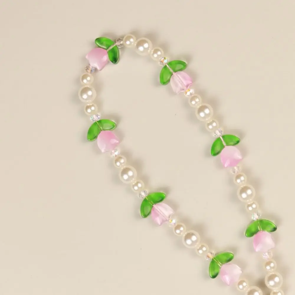 진주 비즈 튤립 비즈 폰 참 스트랩 튤립 글라스 튤립 모바일 폰 체인 짧은 컬러풀 플라워 비즈드 셀폰 스트랩
