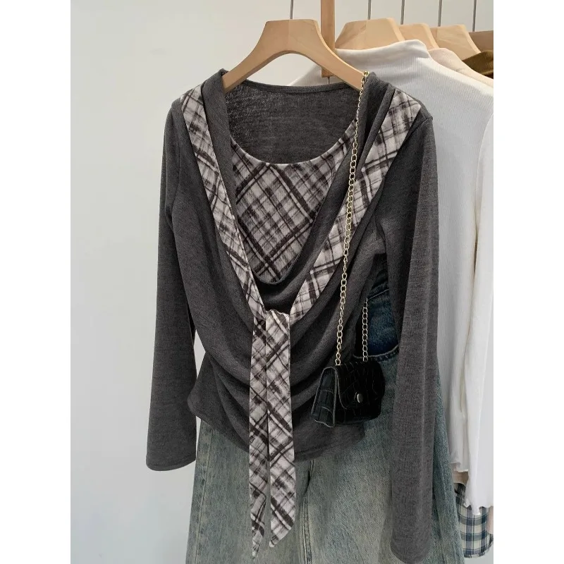 

Клетчатый кружевной искусственный двухсекционный свитер с длинными рукавами для женщин, осень 2022, новый облегающий универсальный топ