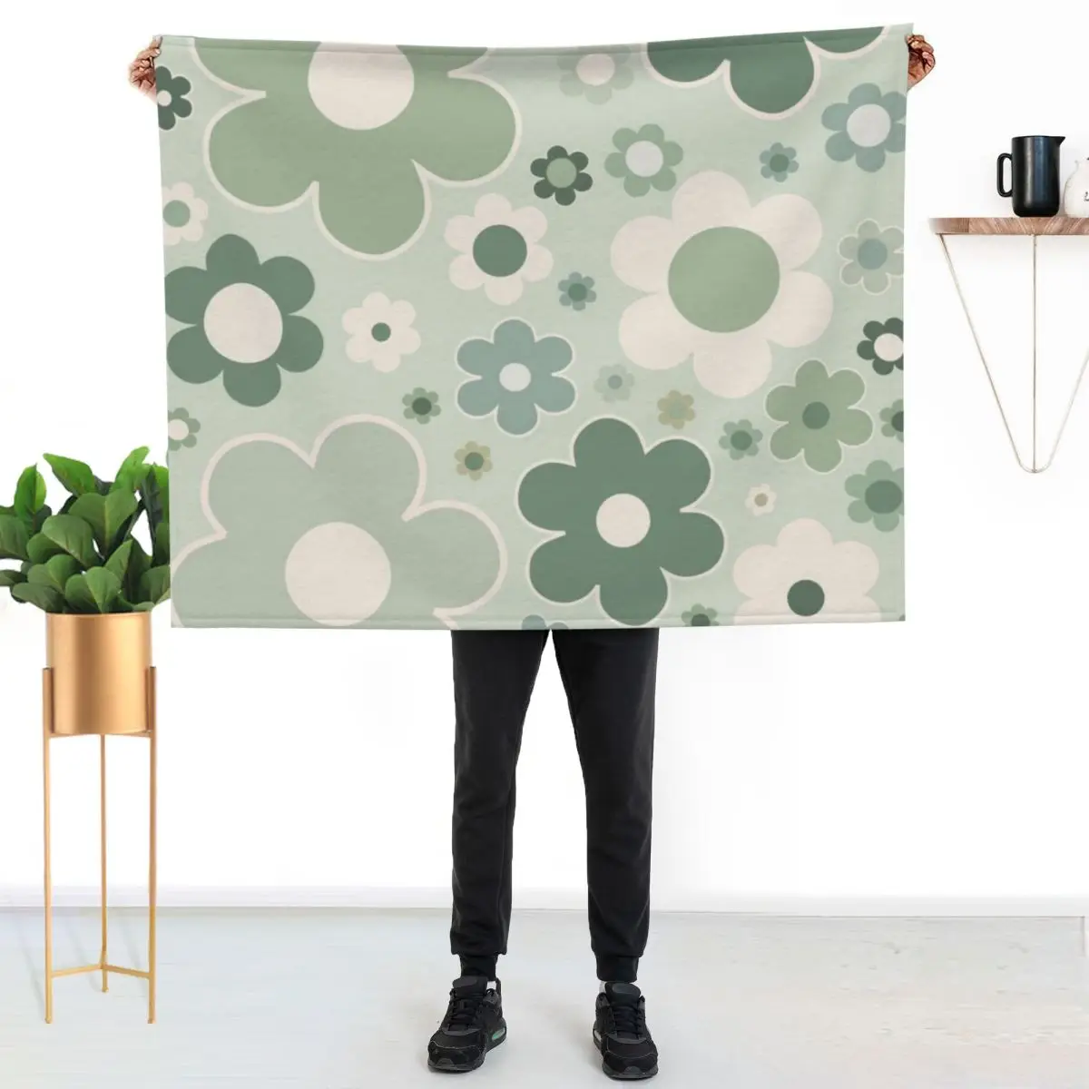 

Retro 70s Flowers Sage Green Floral Pattern Aesthetic Modern Flowers Throw Blanket