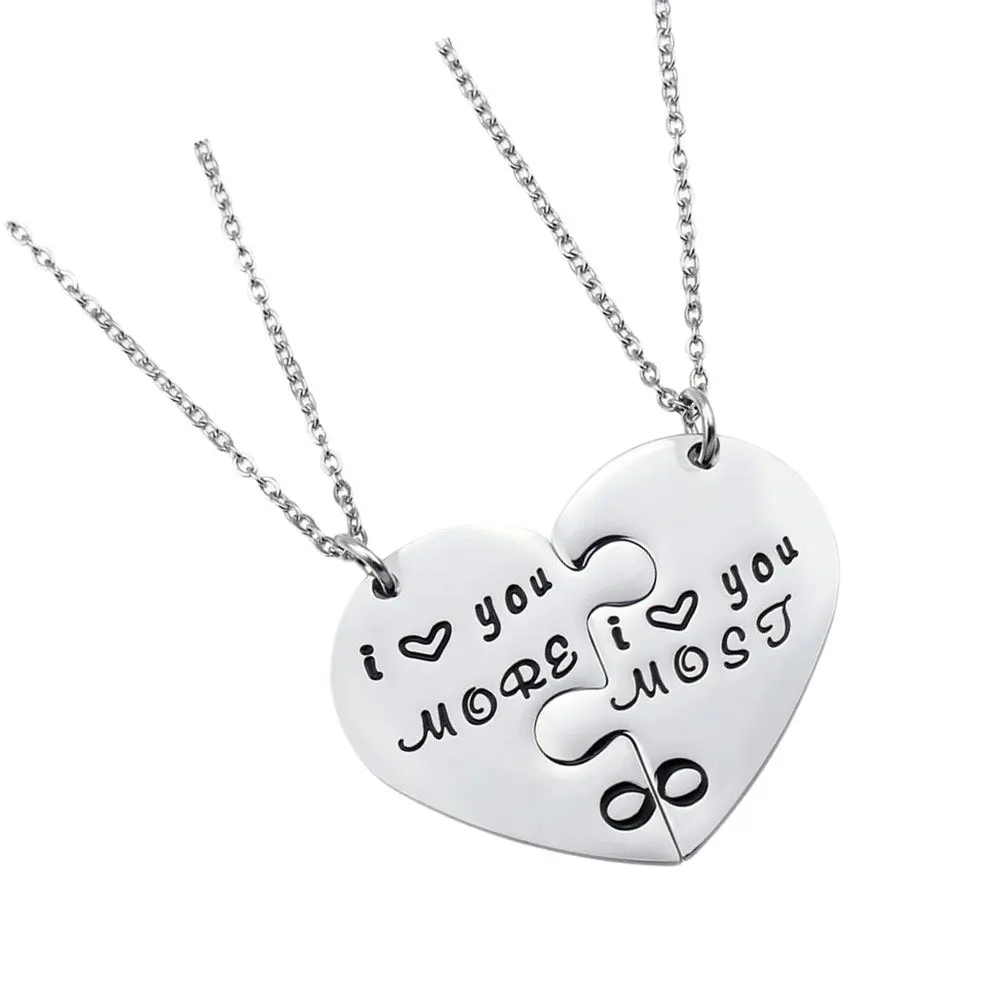 

1 Pair Couple Necklace Heart-Shaped Engraved Neck Chain Splice Pendant Romantic Gift for Wedding Party Engagement Prom