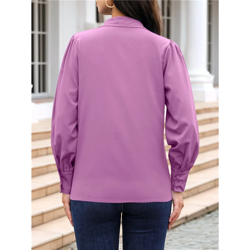 AOAO-Top da donna elegante casual con colletto abbottonato e maniche lunghe, elegante camicetta da lavoro a pieghe sul davanti
