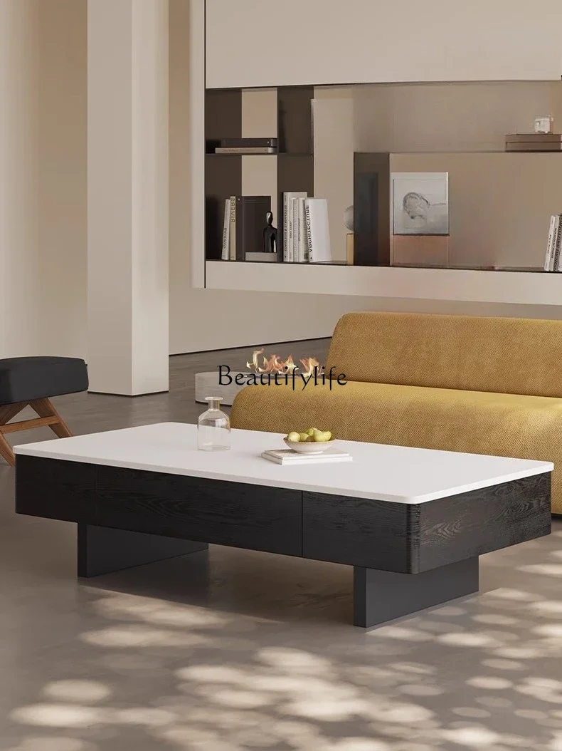 

yj7 Vintage Cream Style Pure White Stone Tea Table for Living Room Home Use Simple Rectangular Solid Wood Tea Table