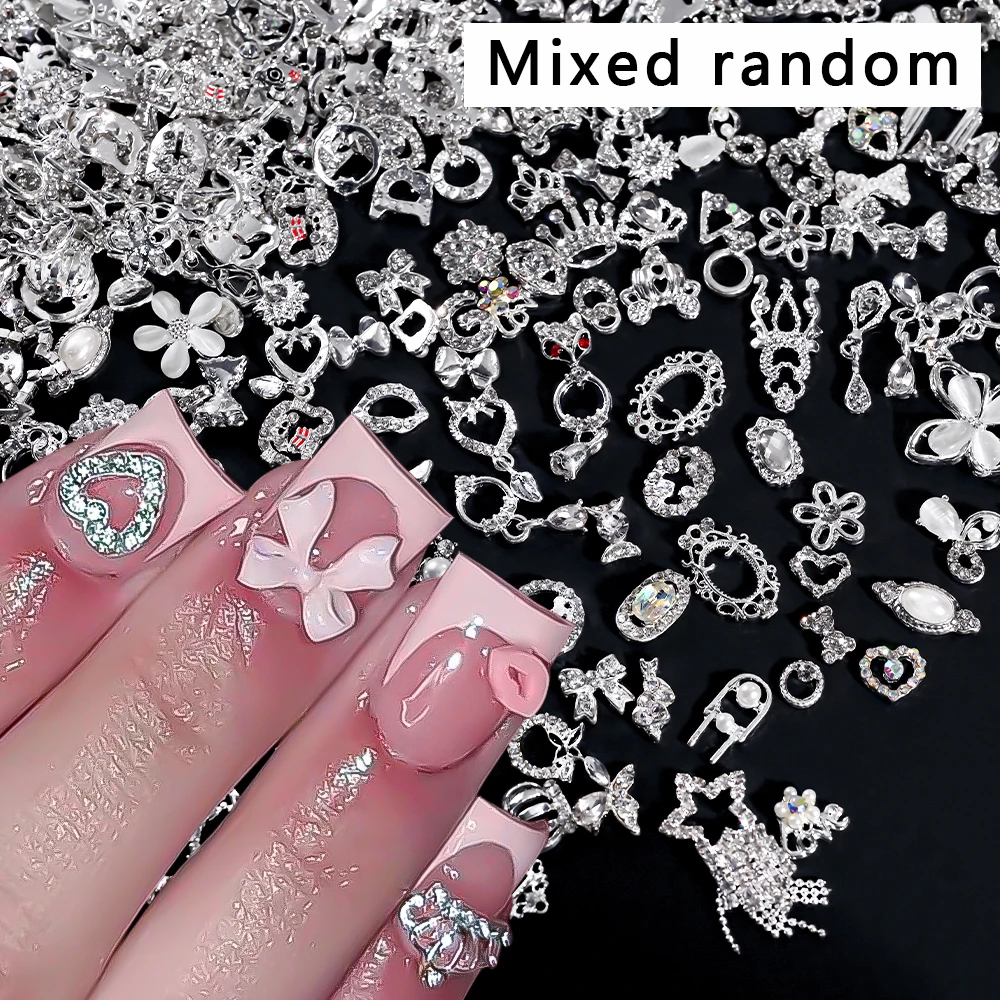 50pcs Mixed Style Silver Nail Ornaments 3D Aolly Heart/Butterfly/Flower/Star Nail Rhinestones Charms Bling Random DIY Nail Decor