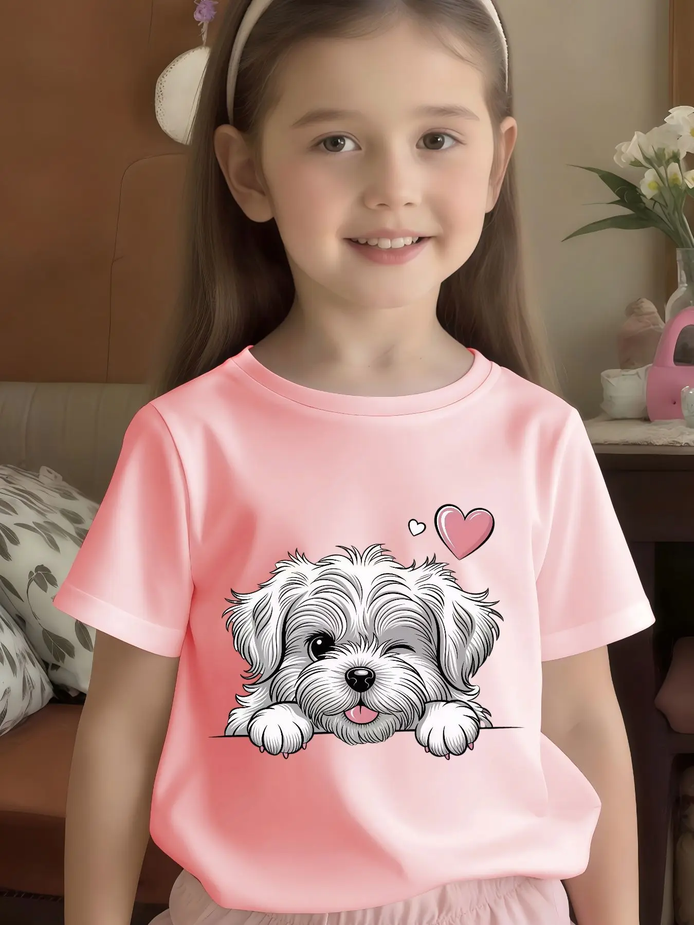 Winking Puppy Pink Heart Cartoon Print Kids T Shirt Boys Girls Family Match Cotton Short Sleeve Summer Daily Casual Clothes