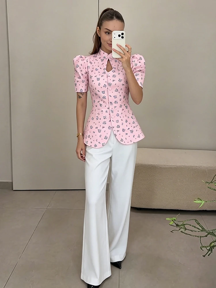 Casual Fitted Shirts Women Standneck Puffy Short Sleeves Single Breasted Solid Tops Female 2026 Spring Summer New Blouse Lady