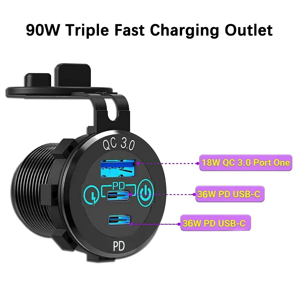 Aluminum 12V USB Outlet Dual PD3.0 USB-C & QC3.0 Multi USB Charger Port with Switch Fast Charge Socket for Car Boat RV Truck ATV