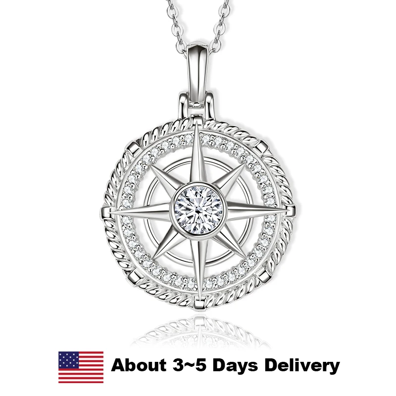 

100% 925 Sterling Silver Compass Necklace Sparkling Cubic Zircon Trendy Pendant Necklaces for Women Men Jewelry Gift US Stock