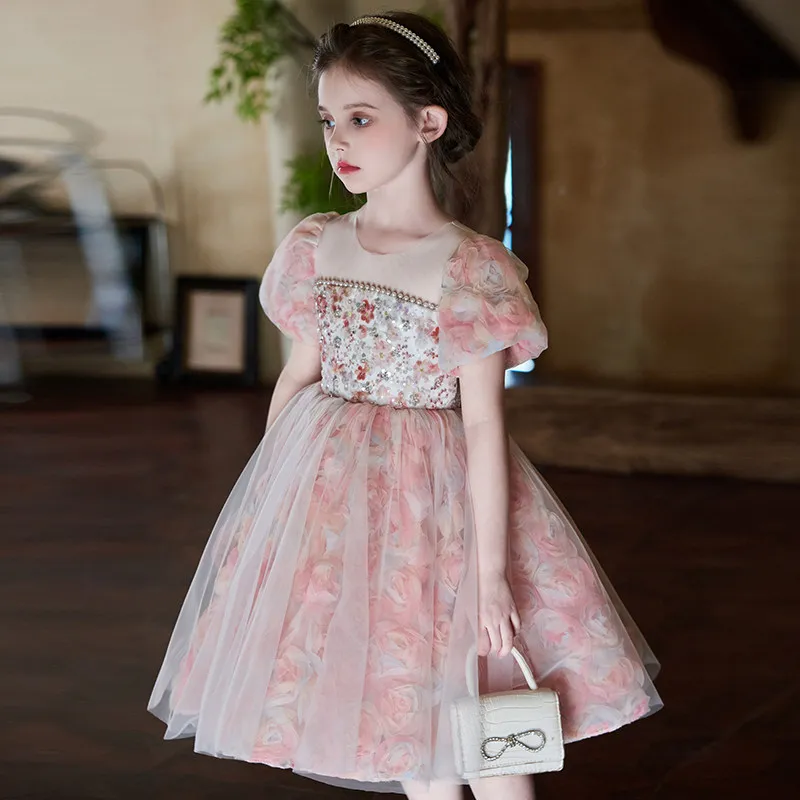 

Girls Summer Print Pearl Dress 2026 New Luxury Fashion Princess Gown Kids Pink Floral Dresses Teen Girl Birthday Party Clothing