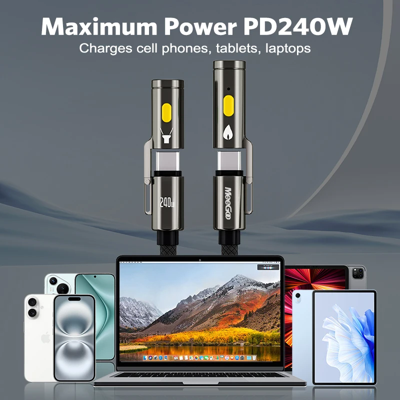 MeeGoo 240w Fast Charging Cable Type C To Type C Flashlight Multifunctional with Lighter & LED Braided USB C Cable For all Phone