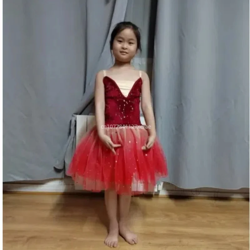 子供用プロバレエドレスパフォーマンス衣装、学生モダンダンスロングスタイルふわふわガーゼドレスパフォーマンス衣装