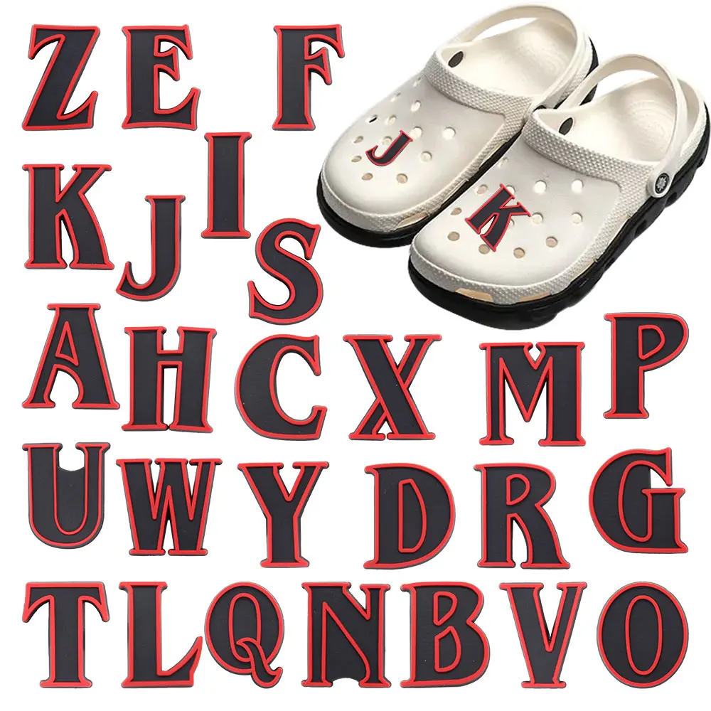 1-26Pcs Black Red Alphabet Children Garden Shoes Buckle Charms Letters Decorations DIY Phone Case Holiday Present