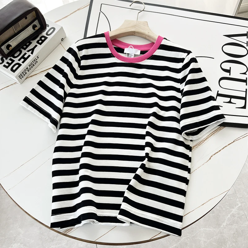 Donegirl Women High Quality 2023 Summer Fashion Striped Patchwork T-Shirt Ladies Casual O-Neck Tees Tops Female y2k clothes Chic