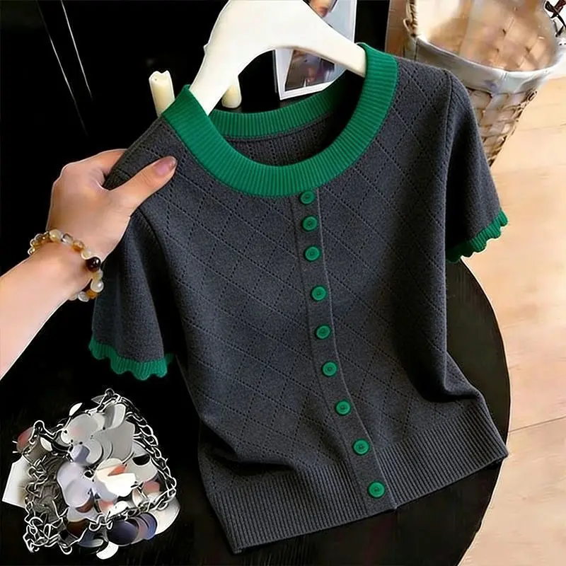 2027 Summer New Women's Knitted Pullover Sweater Sense Design Loose Female Sweater Advanced Sense Contrast Ladies Tops