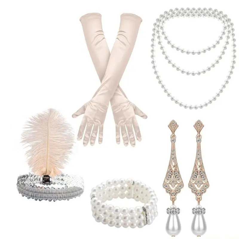 31BF Women 1920s Flapper Cosplay Accessories for Wedding Prom Includes Feathered Headpiece Necklace Earring Bracelets Gloves