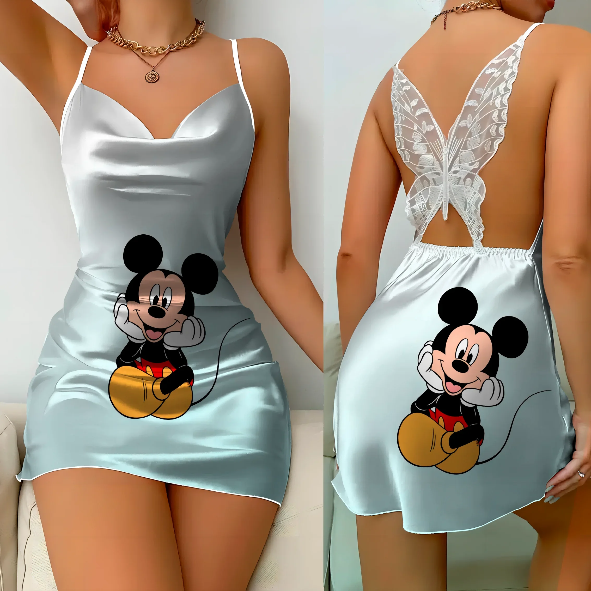 

Mini Dress Pajama Skirt Bow Knot Party Dresses Satin Surface Minnie Mouse Disney Mickey Womens Fashion Summer 2024 Elegant Women