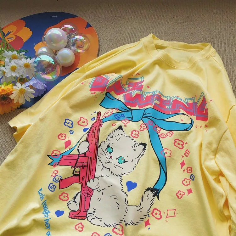Adult and Children Parent-child, Couple Harajuku Style Y2K Cute Cat with Gun Color-block 3D Printed Short Sleeve