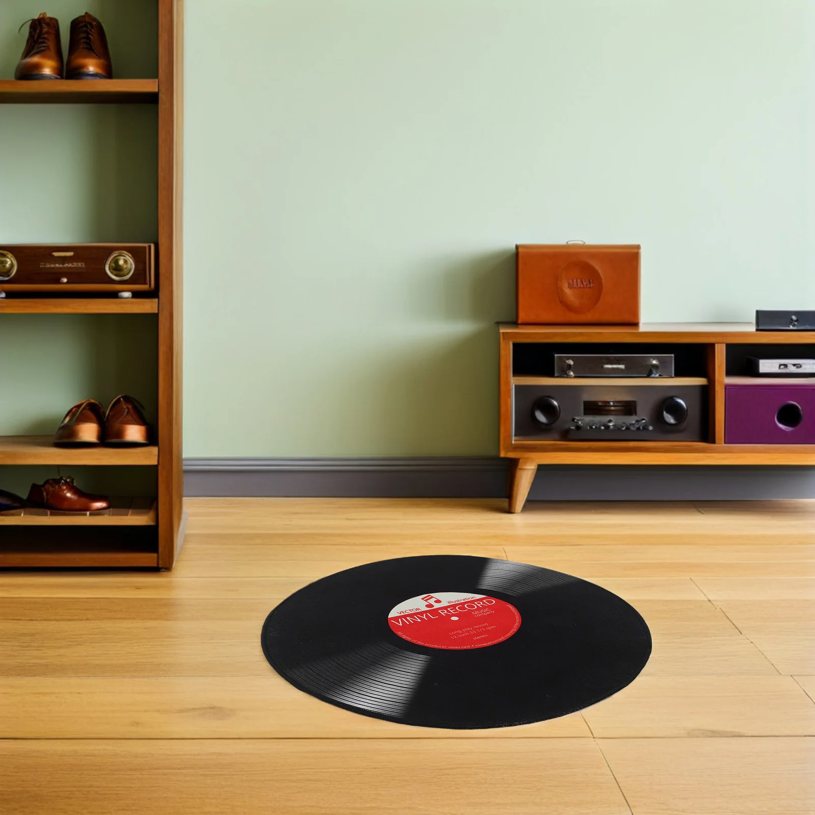 24" Vinyl Record Rug Retro Round Carpet Non-Slip Washable Area Rug For Bedroom Living Room Music Studio Black Floor Mat Home