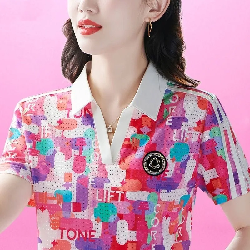 Lapel Collar Colorful Short Sleeved Summer Lady Fashion Motion Quick Drying Polo Shirt Camouflage Slim Casual Comfortable Tops